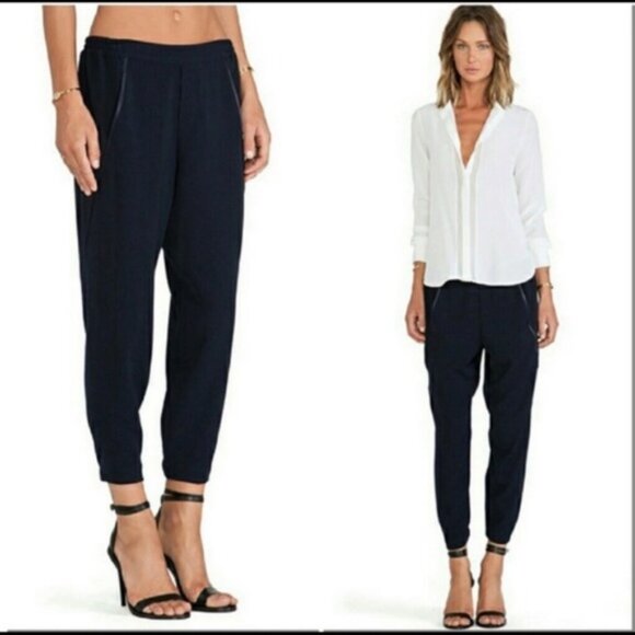 Vince Navy Blue Satin Trim Crepe Pull On Joggers Size Small - Picture 1 of 8